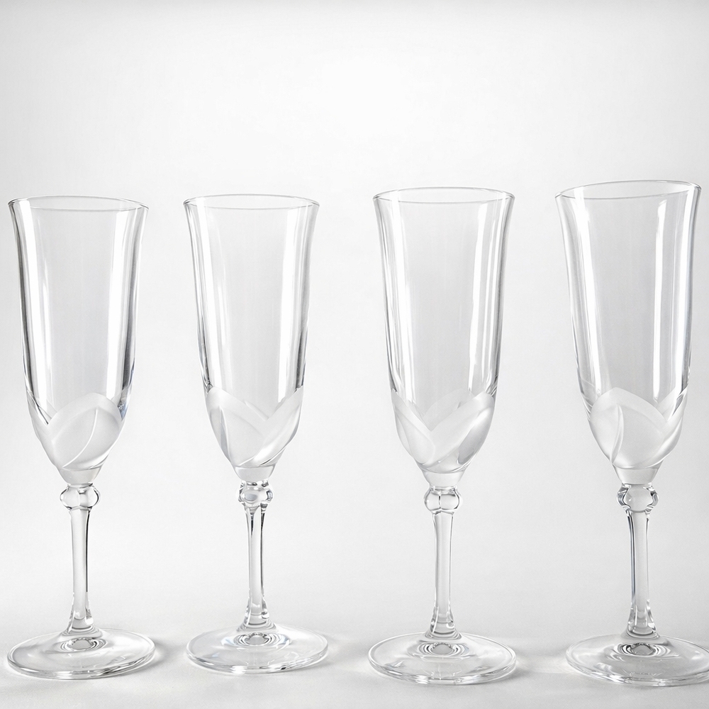 J.G. Durand Set of 4 Etched Champagne Flutes French Clear Glass Stemware